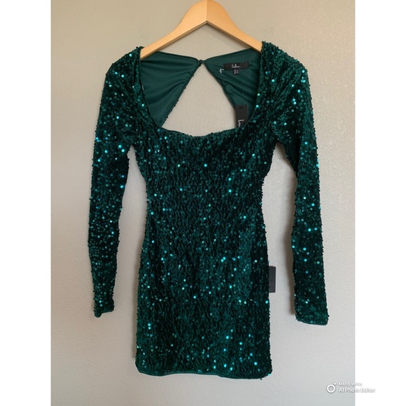 Lulus XS Marvelous Radiance Emerald Sequin Cutout Long Sleeve Mini Dress NWT - Picture 3 of 17